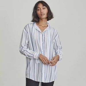 Elizabeth and James Tie Neck Button Down Shirt Blue White Striped Long Sleeve
